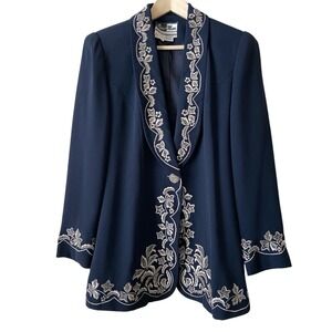 Vintage BEAU MARC‎ Long Navy Dress Jacket Beads & Embroidery Sz 18 BEAUTIFUL